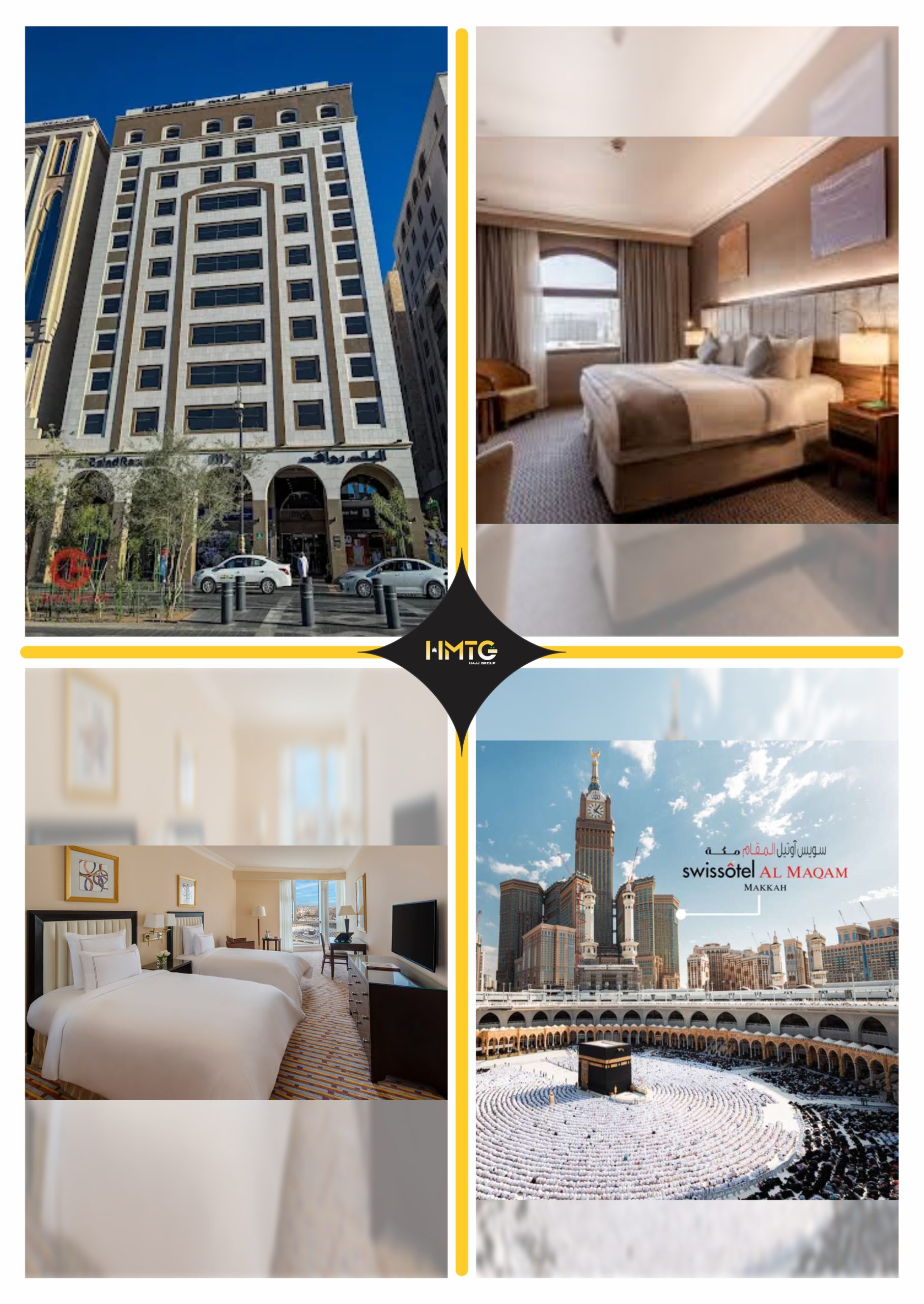 "Collage featuring Swissôtel Al Maqam with a view of the Masjid al-Haram, hotel room interiors, and the exterior of Al Mektaba Residence building."